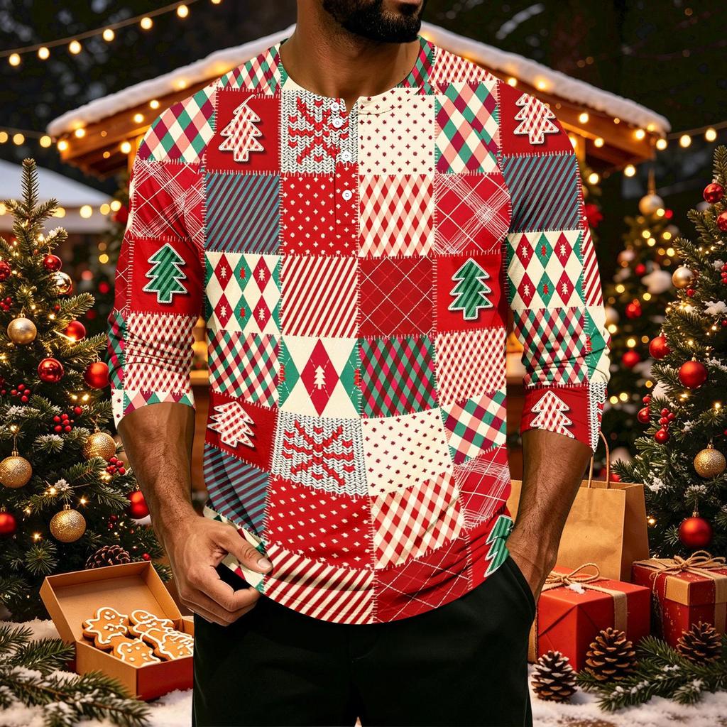 Men's Casual Raglan Three-Quarter Sleeve Shirt with Christmas Print