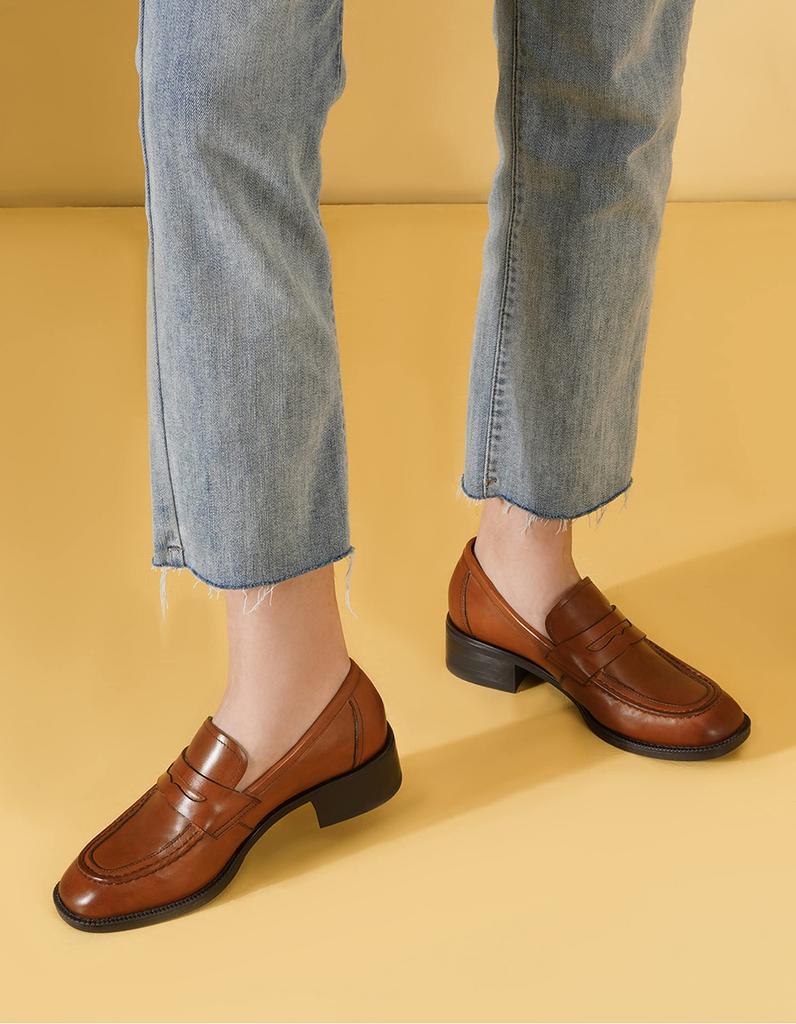 Slipper Echtes Dickes Leicht zu Gehen Für [ZUYEE] Damenpumps, Leder, Absätze, in, Schlicht, Pendeln, Braun, 23.0cm