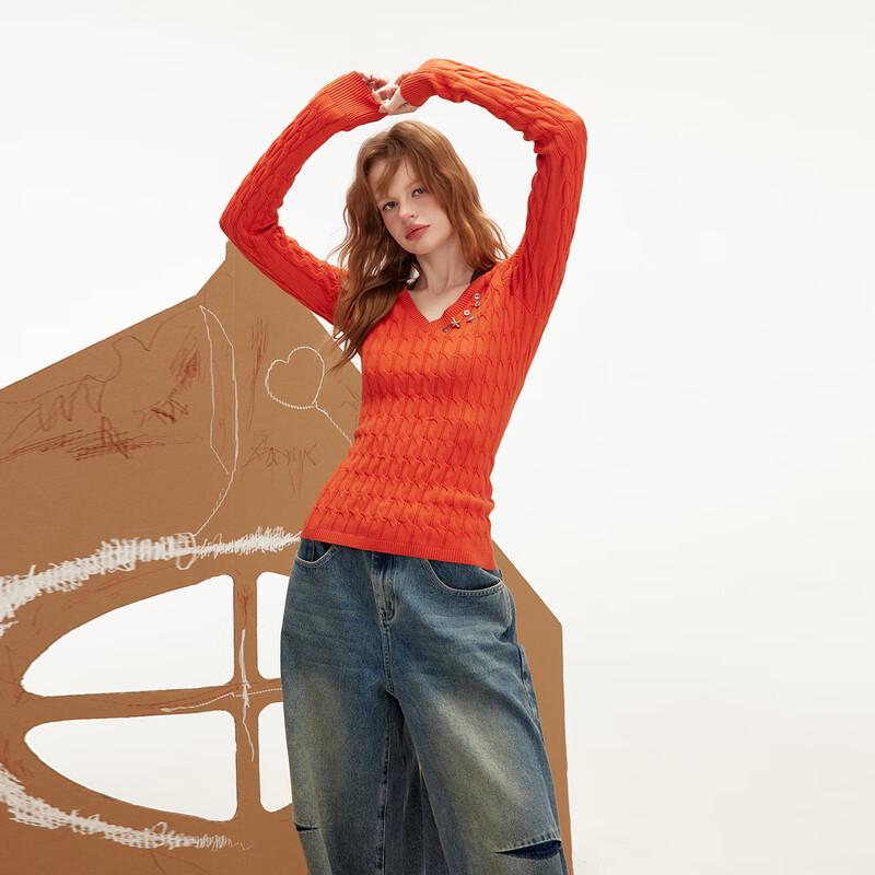 UNIFREE Vintage Cable Knit V-Neck Slim Fit Pullover Sweater for Women