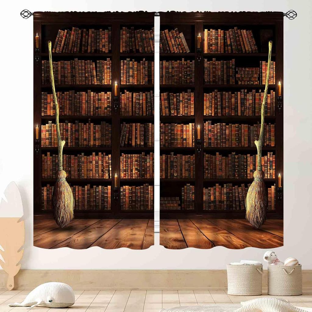 Witchy Curtains Fantasy Magical Bookshelf Mysterious Bookcase Skull Spooky Gothe Window Drapery Treatments Vintage Blackout Made Of Polyester
