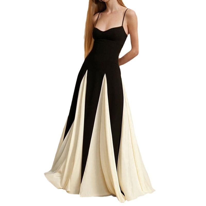 Women's Sleeveless Colorblock Pleated Maxi Dress Low Cut Patchwork Swing Dress High Waist A Line Flowy Sling Dress Summer Beach Long Dresses for Women