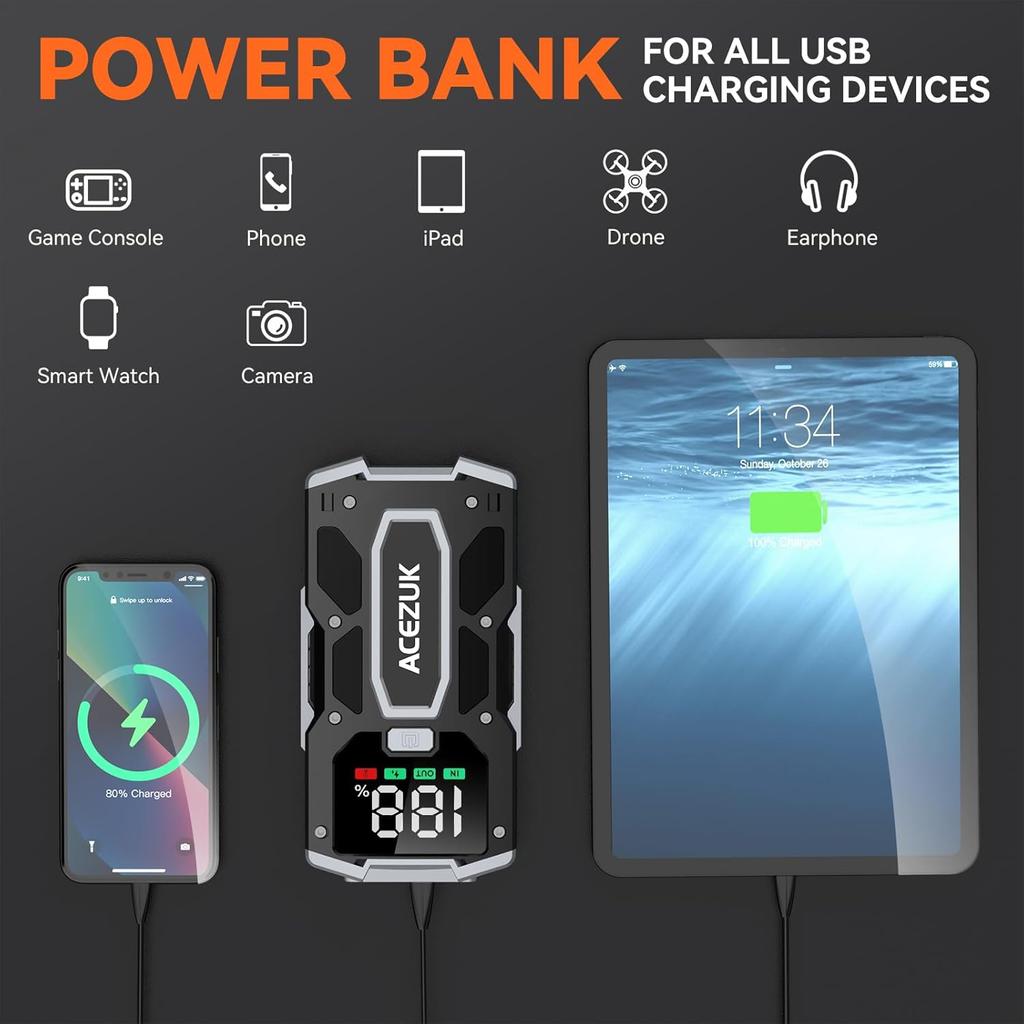 12V 8-in-1 Car Jump Starter 3000A, Quick Charge 3.0, LED Screen, Up To 7.0L Gas & 5.5L Engine