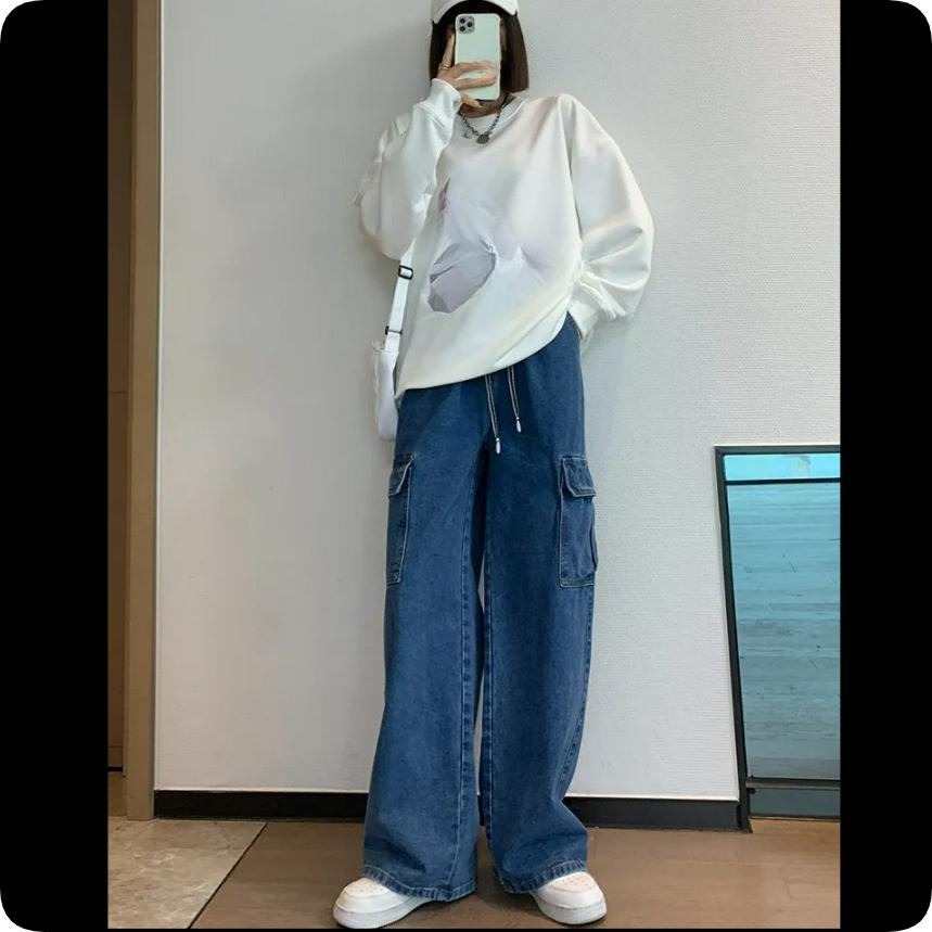 Dámské džínové kalhoty nadměrné velikosti s nářadím, rovné široké nohavice, volné s vysokým pasem, délka až na zem, tenké