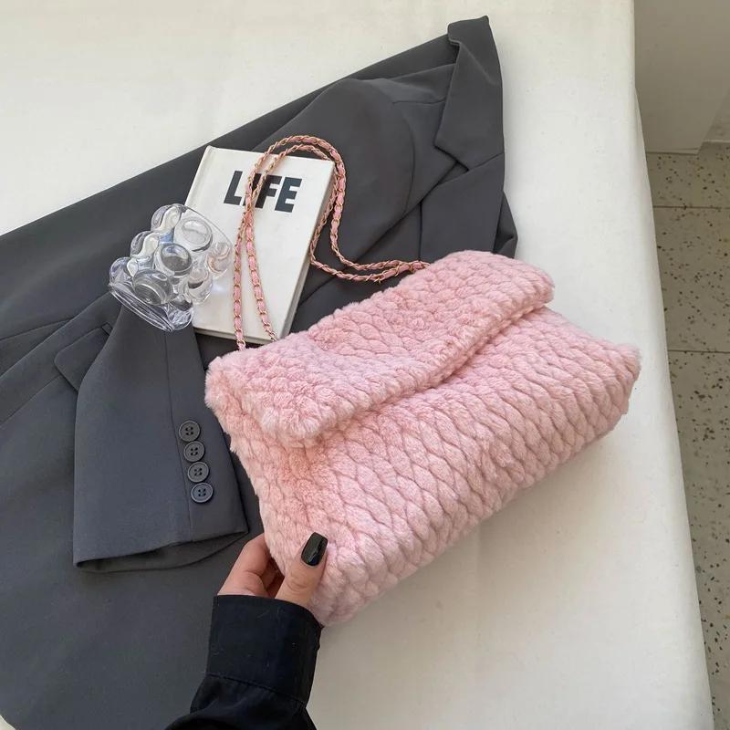 Handmade Fur Crossbody Bag with Chain Rhombic Embroidered Line Large Capacity New Fashion