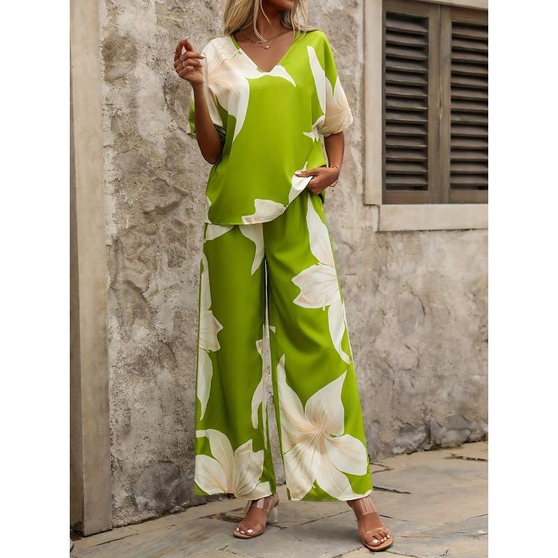 JKASHDK Women's Fashion Casual Summer Spring Flower Pattern Print Short Sleeve V-Neck Trousers Pants Suits