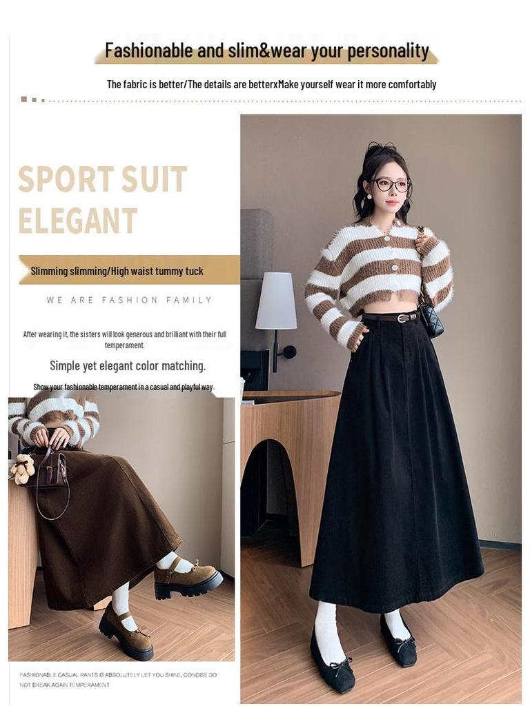 Women's High Waist Corduroy Midi Skirt - 2025 Autumn Winter Korean Style, Large Flare Pleated Design