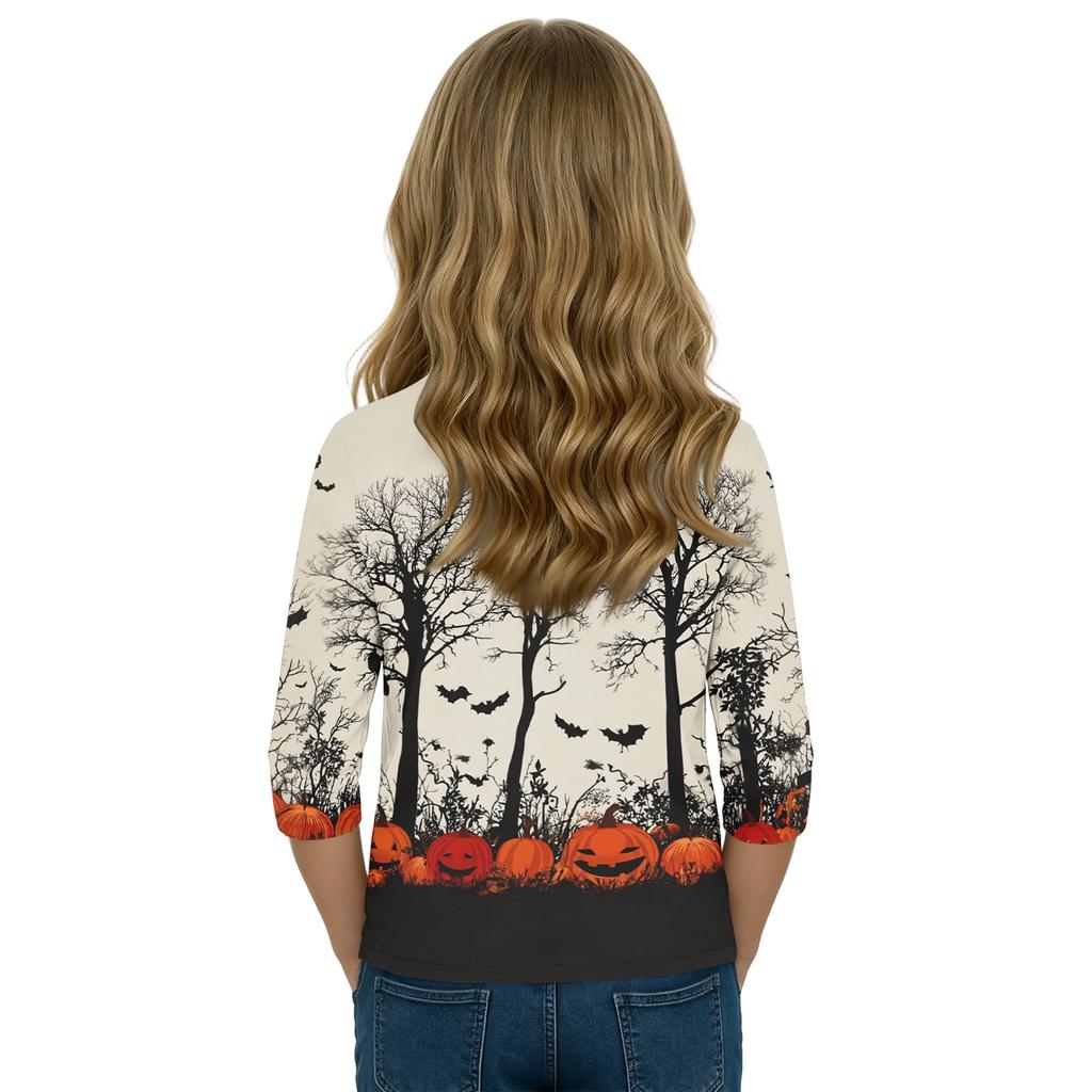 Kids Halloween Printed T-Shirt 3/4 Sleeve Round Neck Casual Top with Pumpkin Witch Design
