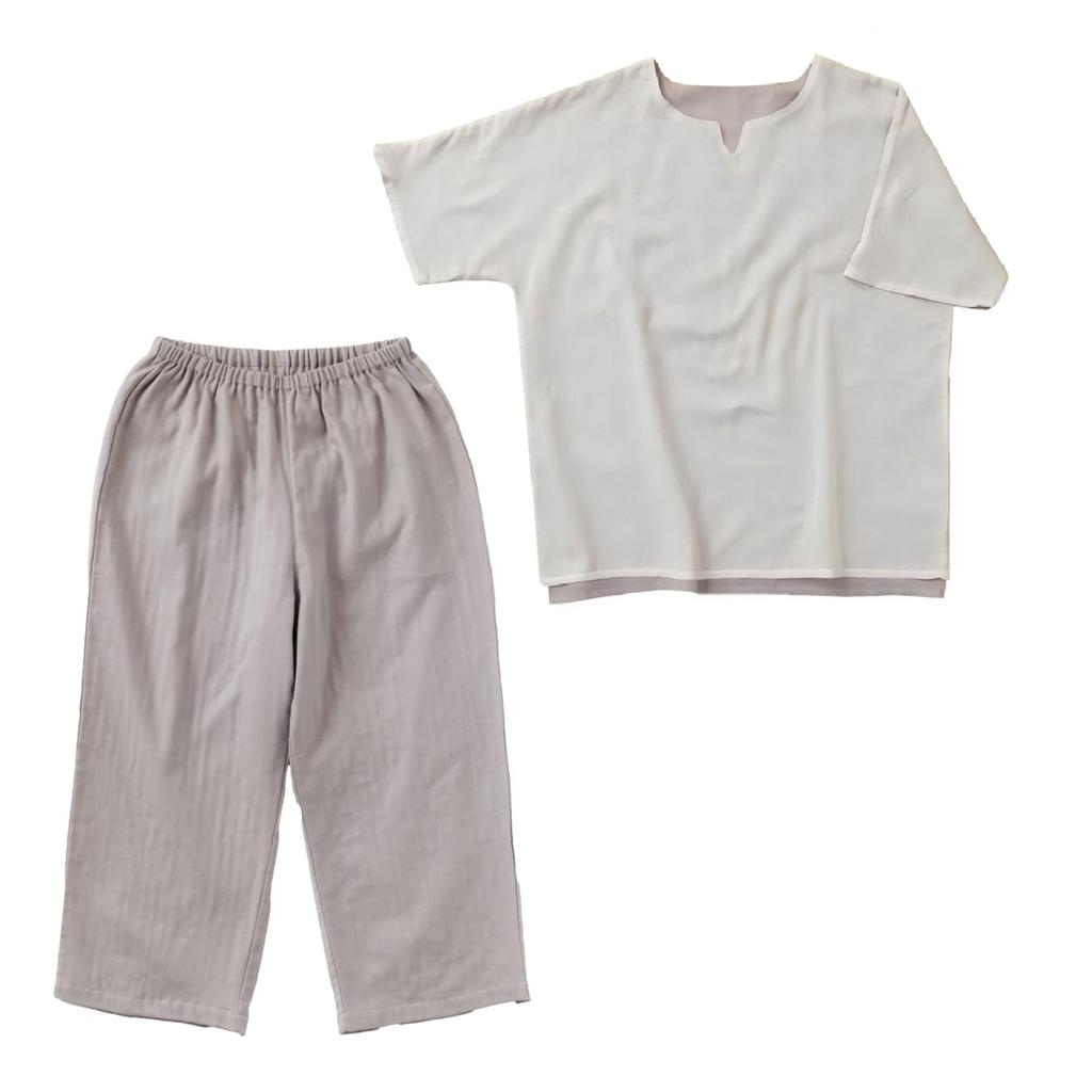 Gauze Made In Lightweight and Double Relaxed Perfect for Spring and Size [Wasaraf] Men's Sepia-Colored, Short-Sleeved Pajamas, Japan, 100% Cotton,