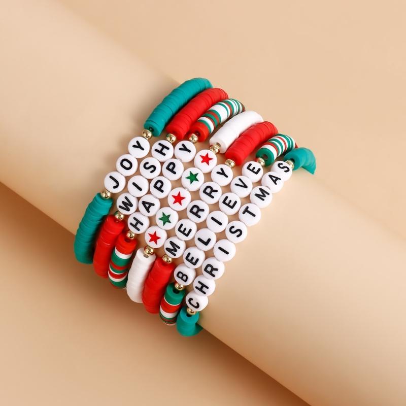 Christmas Beaded Bangle Festive Bohemian Colorful Bracelets 6/7Pcs Soft Clay Elastic Beaded Hand Chains Jewelry for Girl