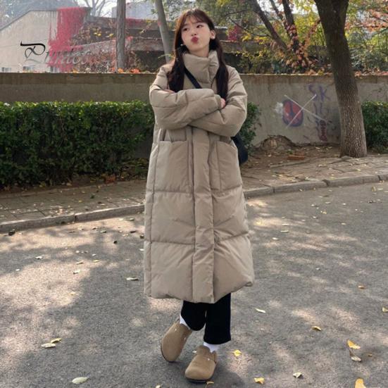 Solid Color Cotton Jacket Winter Down Coat Thickened Padded Stand Collar Neck Protection Knee Length Pockets Women Cold Weather Zipper Closure