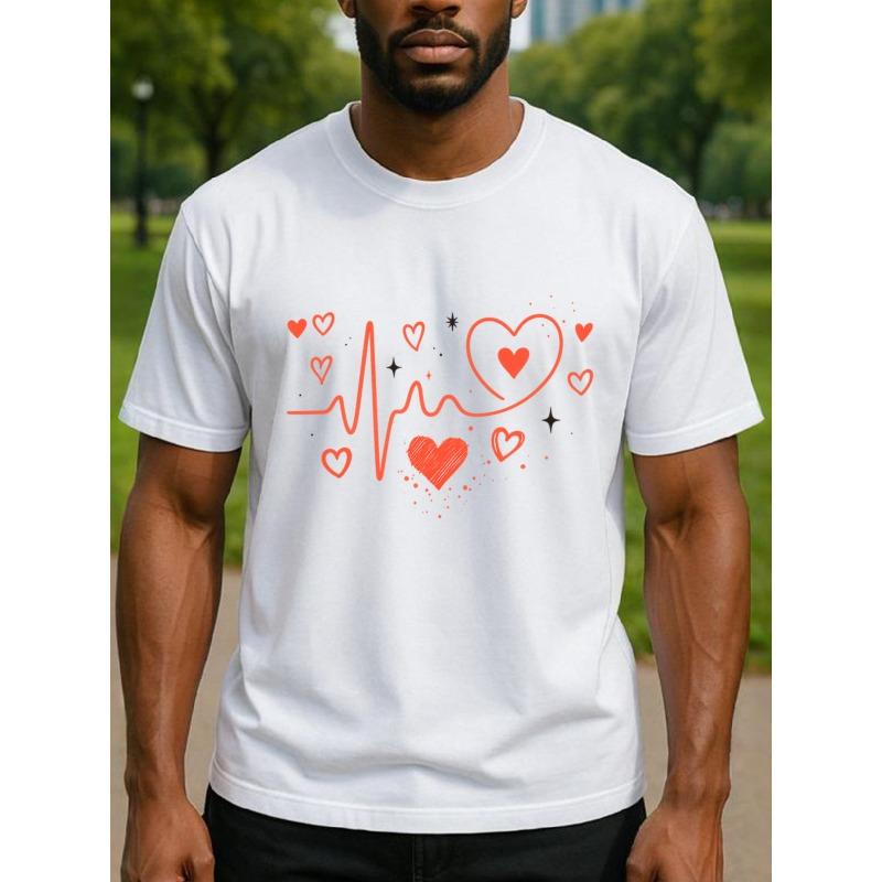 Simple electrocardiogram heart-shaped Men s printed short-sleeved T-shirt,quick-drying sports T-shirt, simple knitted pure cotton T-shirt S