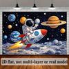 2D planar space exploration theme background fabric with the central part showing a person wearing a white spacesuit