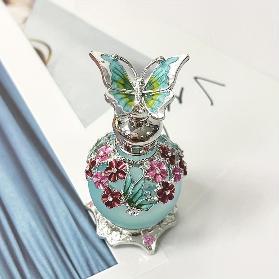 1 Pc 25ml Blue Butterfly Enamel Painted Dropper Glass Bottle with Floral Accents, Refillable Perfume & Essential Oil Storage, Portable & Reusable