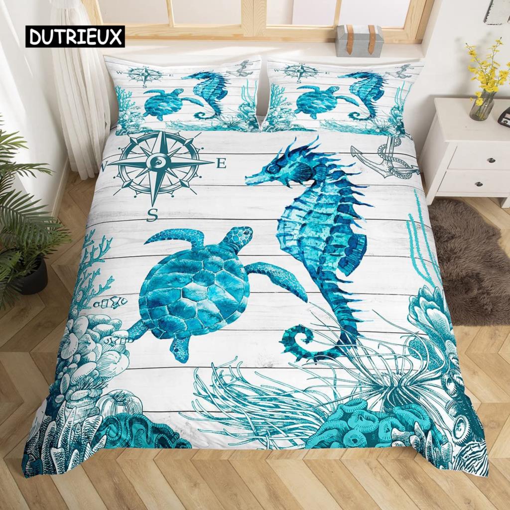 Sea Turtle Duvet Cover Twin Ocean Reptile Tortoise Comforter Cover Nautical Beach Bedding Set Microfiber Coastal Bedspread Cover