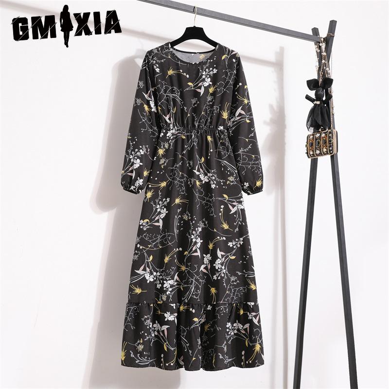 GMXIA 25 Colors Spring Women Maxi Dresses Casual Long Sleeve Floral Print O-Neck Ladies Long Dress Bohe Beach Party Mujer Vestidos Muslim Dress