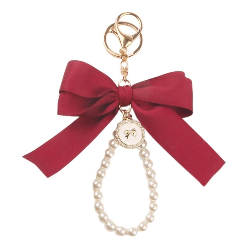 Elegant Pearl Chain Keychain with Large Ribbon Bowknot Pendant Stylish Keychain for Women and Girls Bag Decoration