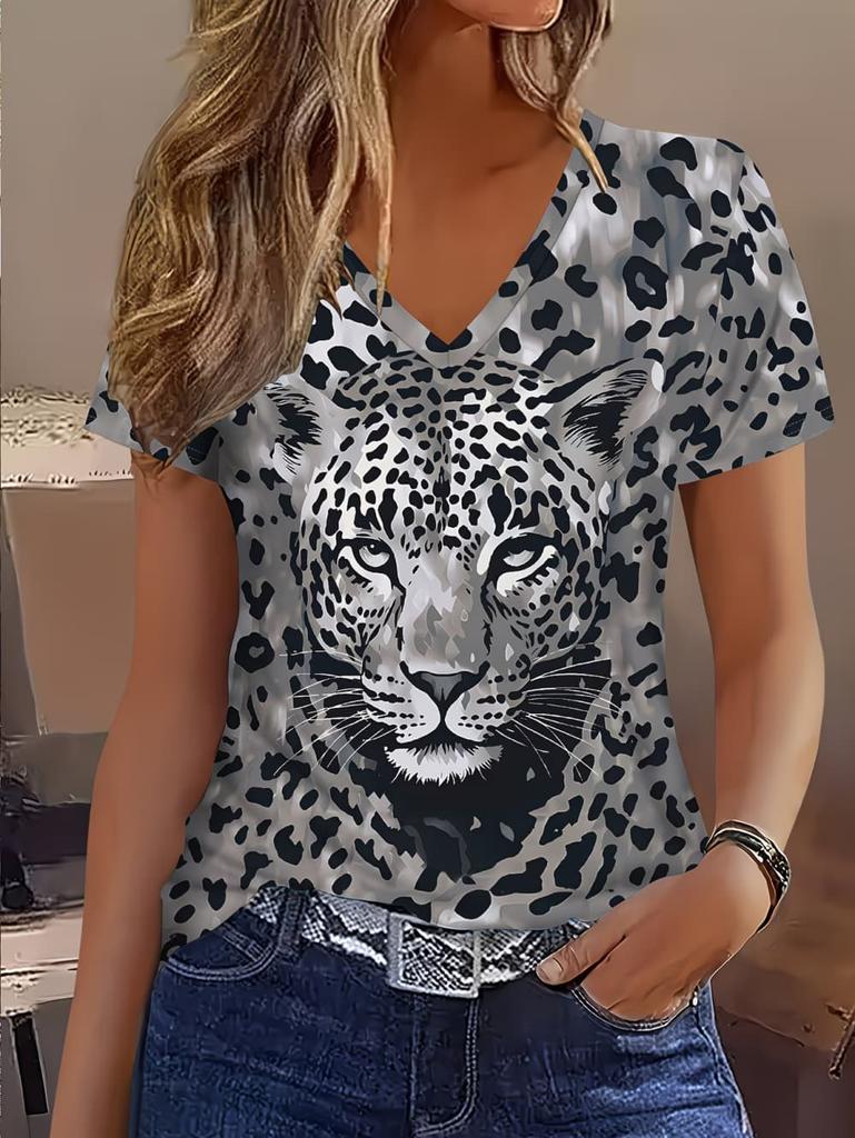 Women's T-Shirt Leopard 3D Printed V-Neck Short Sleeve Slim Casual Daily Top Y2k Clothes Outdoor Streetwear Loose Tee Female Top
