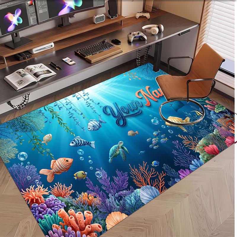 Fish Ocean Theme Soft Crystal Velvet Rug Custom Name & Text Print Non Slip Floor Rug for Bedroom Living Room