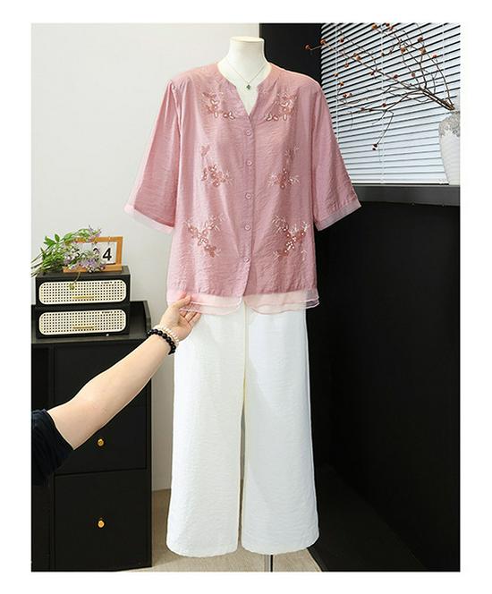 Summer 2026 Women's Artistic Embroidery V-Neck Patchwork Shirt