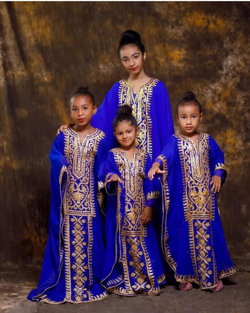 Nové Dětské Královsky Modré Kaftany Ramadán Eid Dětská Dlouhá Roba Stylový Georgette Svatba Marocká Ruční Práce