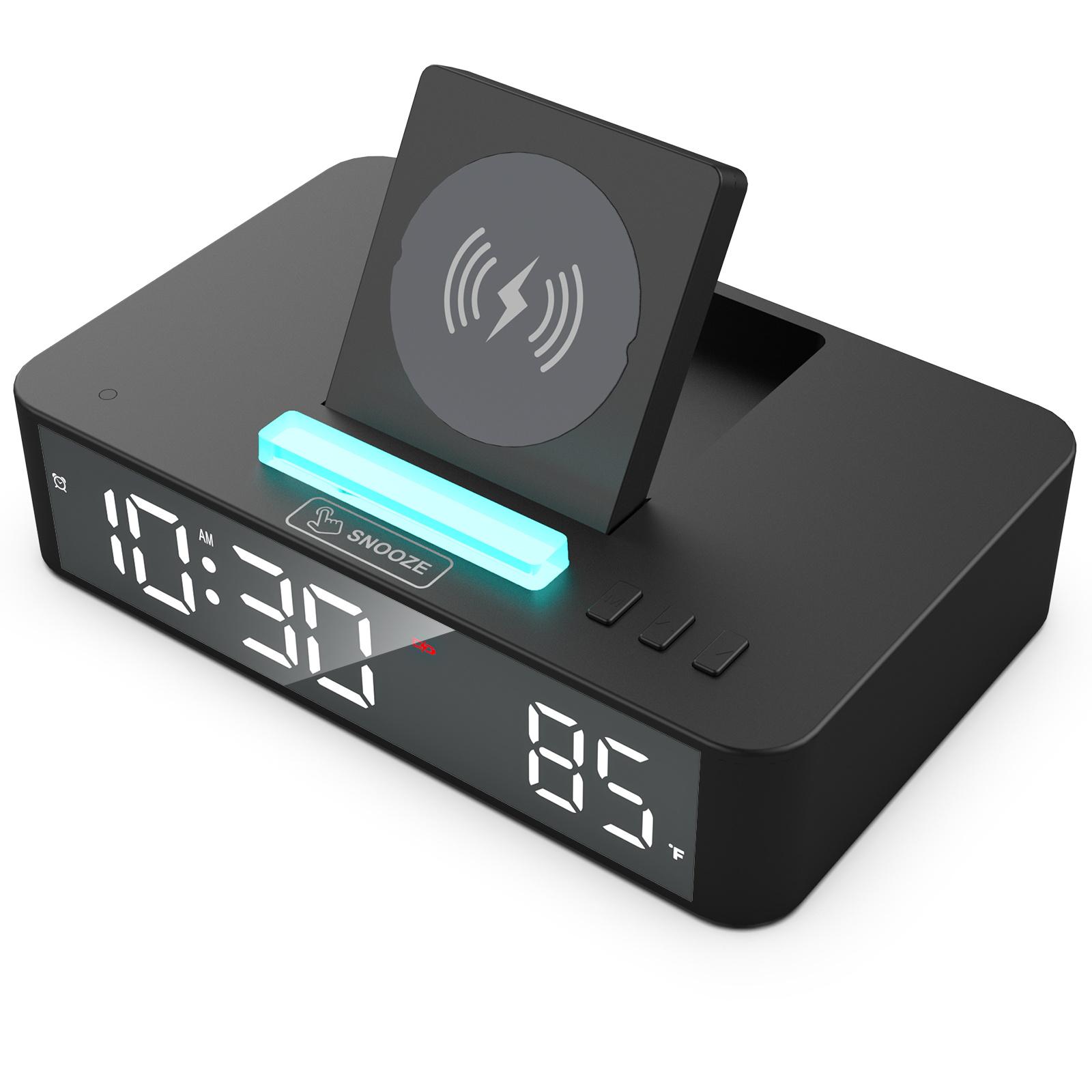 

Светодиодный цифровой будильник с регулируемой яркостью, RGB-подсветкой, прикроватные часы для спальни, многофункциональные часы с беспроводной зарядкой чёрный