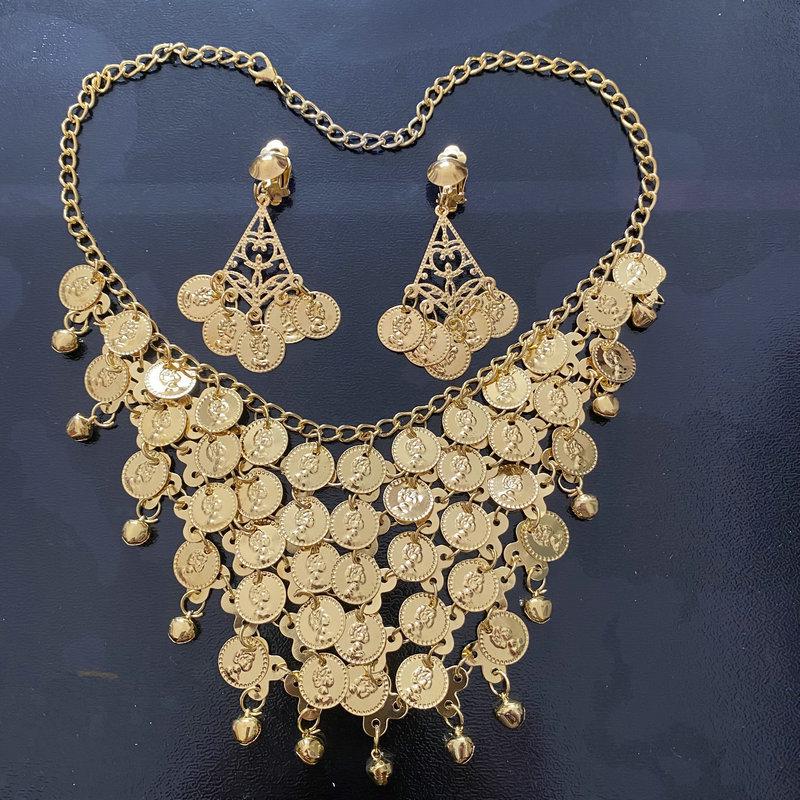 Indian Belly Dance Accessories: Gold & Silver Necklace, Earring, and Headpiece Set