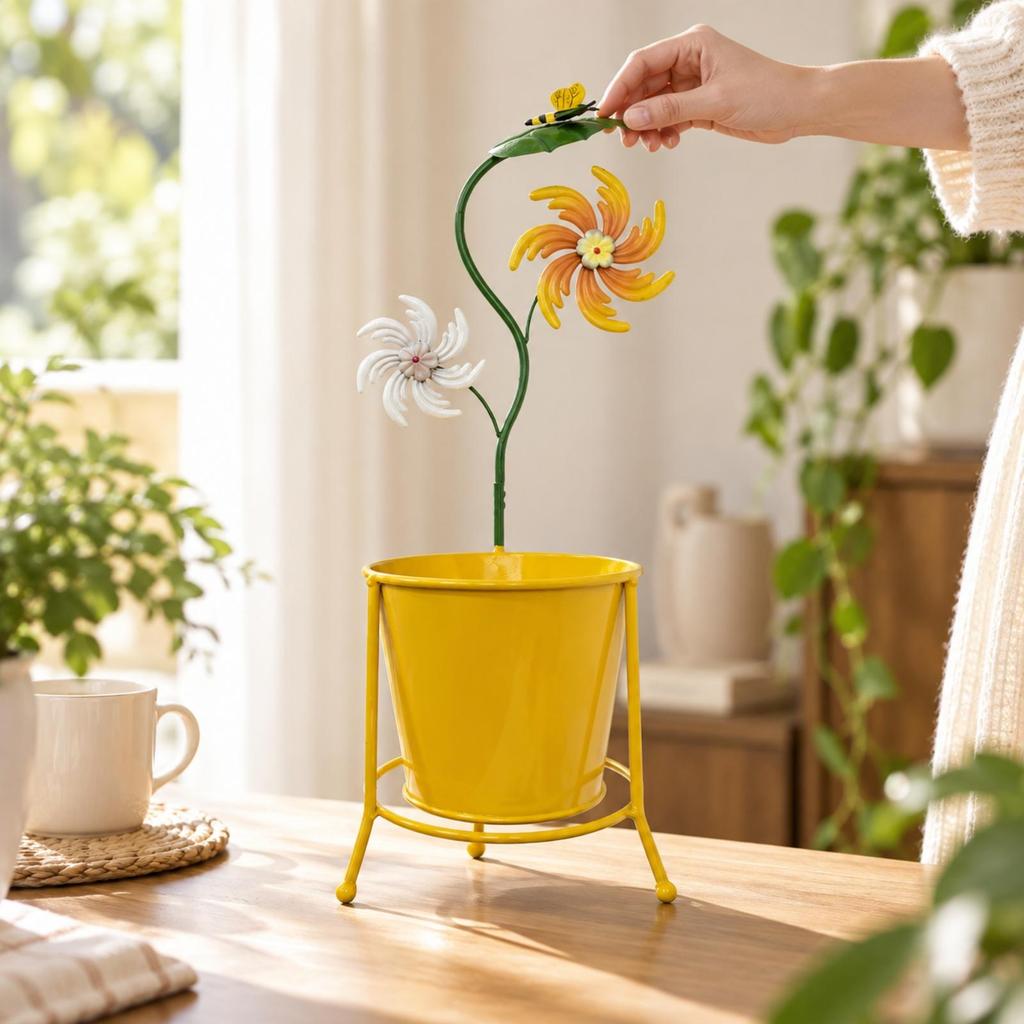 Yellow Iron Planter with Floral Metal Ornaments Indoor Outdoor Flower Stand