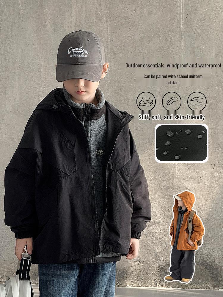 2025 Autumn Kids' Korean-Style Hooded Windbreaker for Boys – Sporty Zipper Outerwear