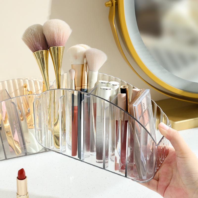 Clear Vertical Stripe Makeup & Skincare Organizer Box with Multifunctional Pen and Remote Holder