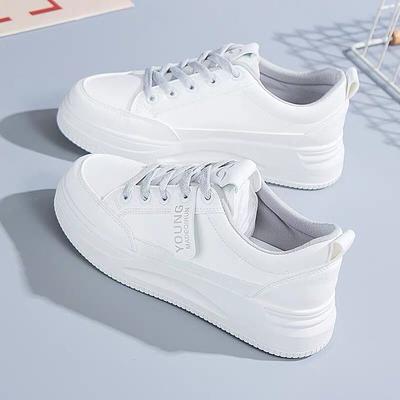 Sapatos Brancos para Mulheres Primavera Novo Verão Sola Macia Couro Macio Bico Redondo Cadarço Sapatos Femininos Cor Sólida Tênis Casual