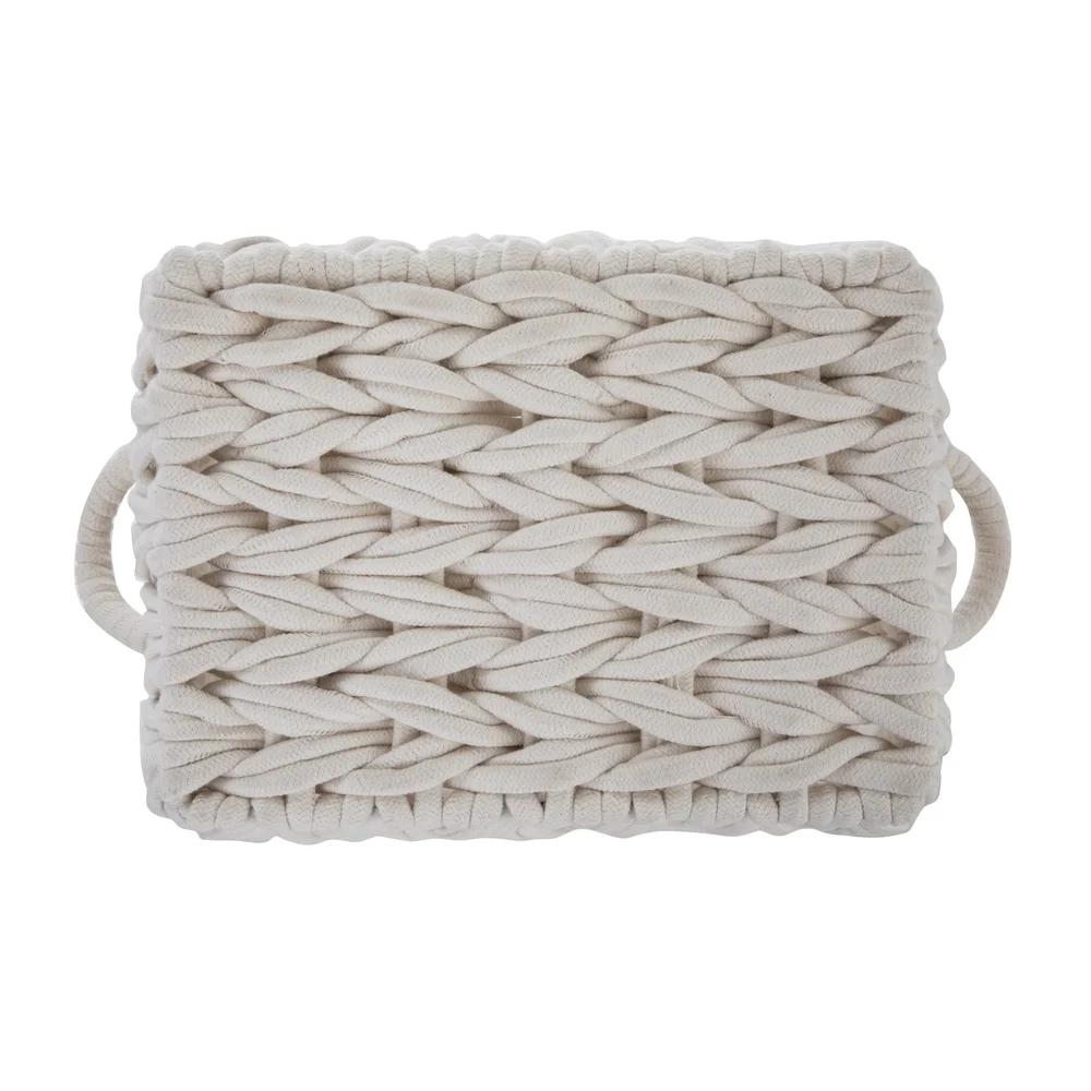 Medium White Woven Rope Decorative Storage Basket Handwoven Storage Organizer Loop Handles Bohemian Home Decor Basketweave