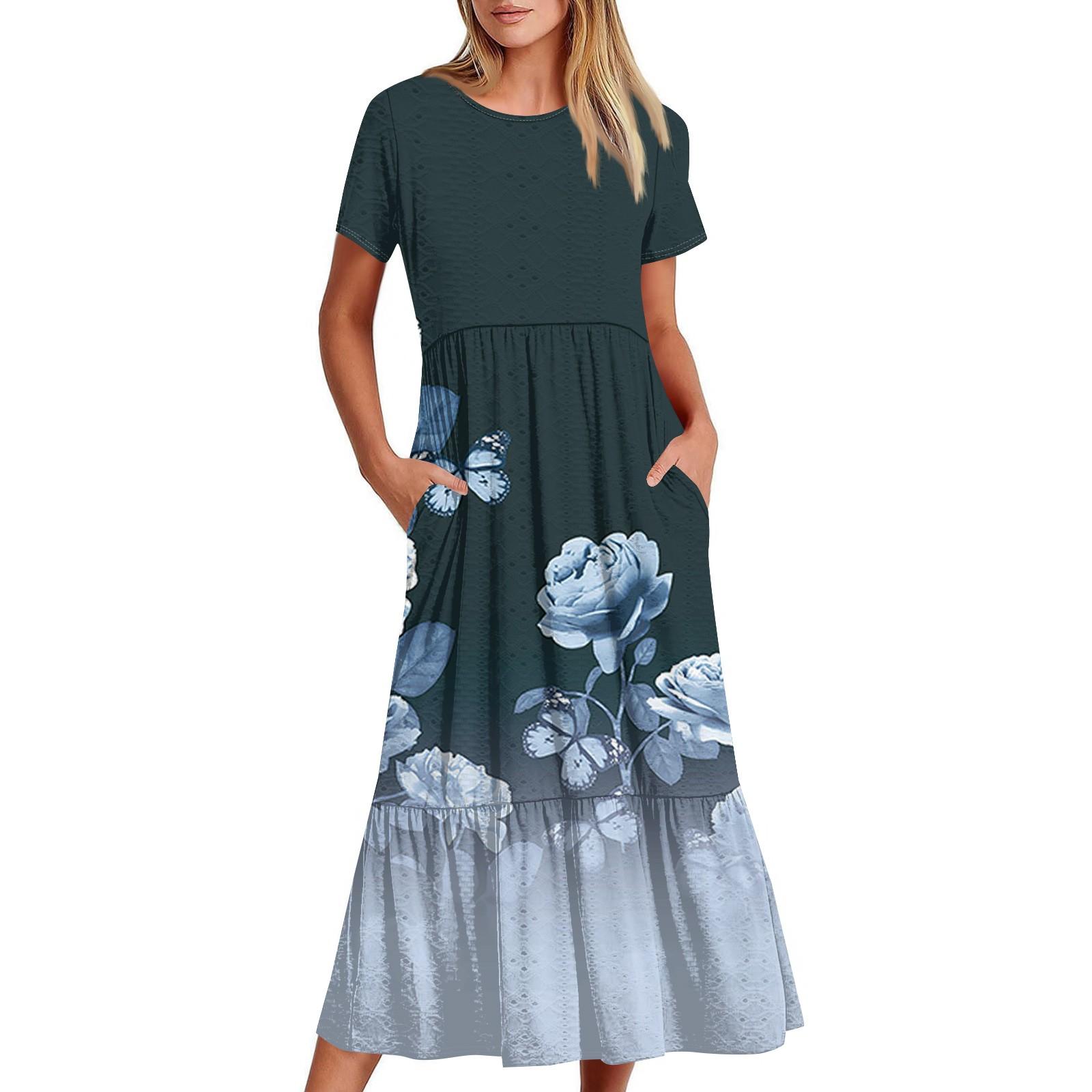 

Short Sleeve Boho Dress For Women Casual Loose Fit Summer Sundress Floral Print Dress With Pockets XL синій