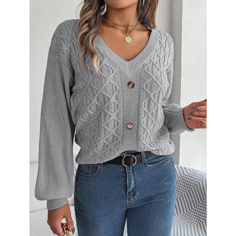 Autumn and Winter Casual Button Twist Lantern Sleeve Pullover Sweater