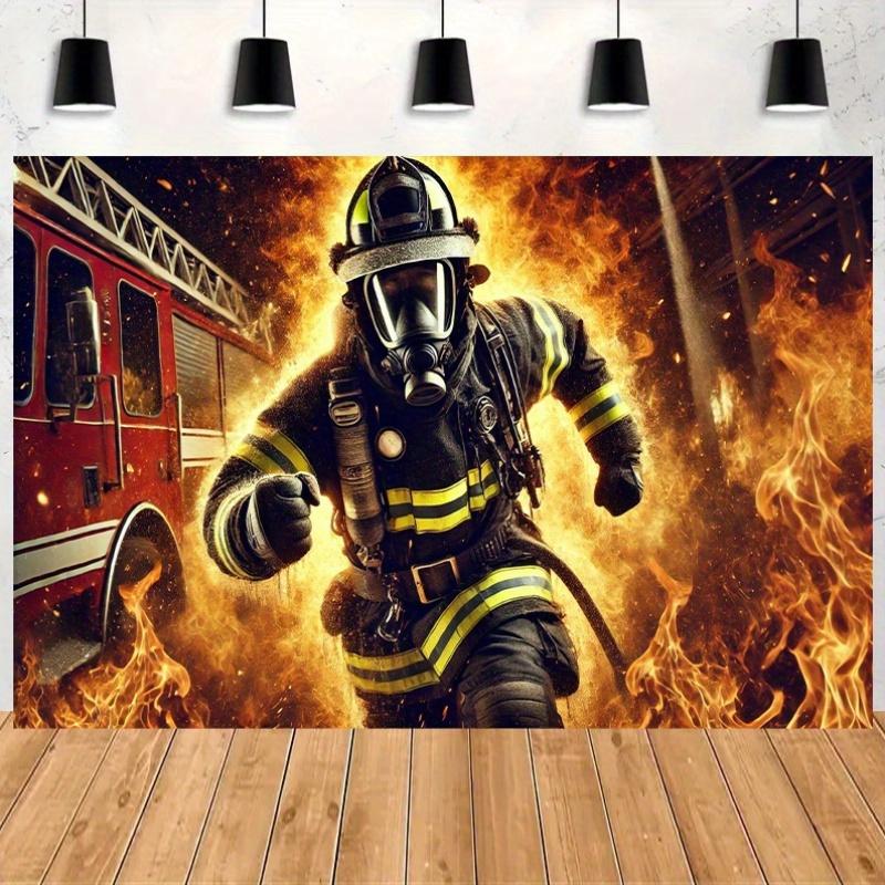 Sfondo piatto 2D in poliestere monopezzo a tema vigili del fuoco, adatto per feste di compleanno e tavoli per torte