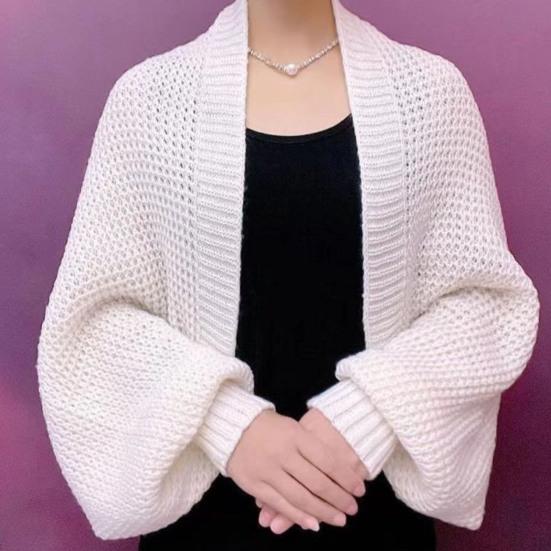 Autumn Winter Knitting Shawl Ribbed Trim Long Sleeve Open Front Shawl Wrap Solid Color Ribbed Trim Cozy Wrap