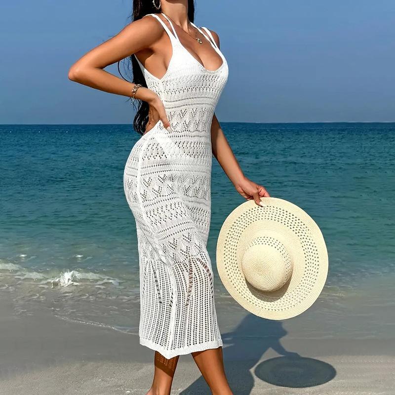 New Beach Blouse Sexy Hollow Knitted Long Suspender Backless Shirt Dress