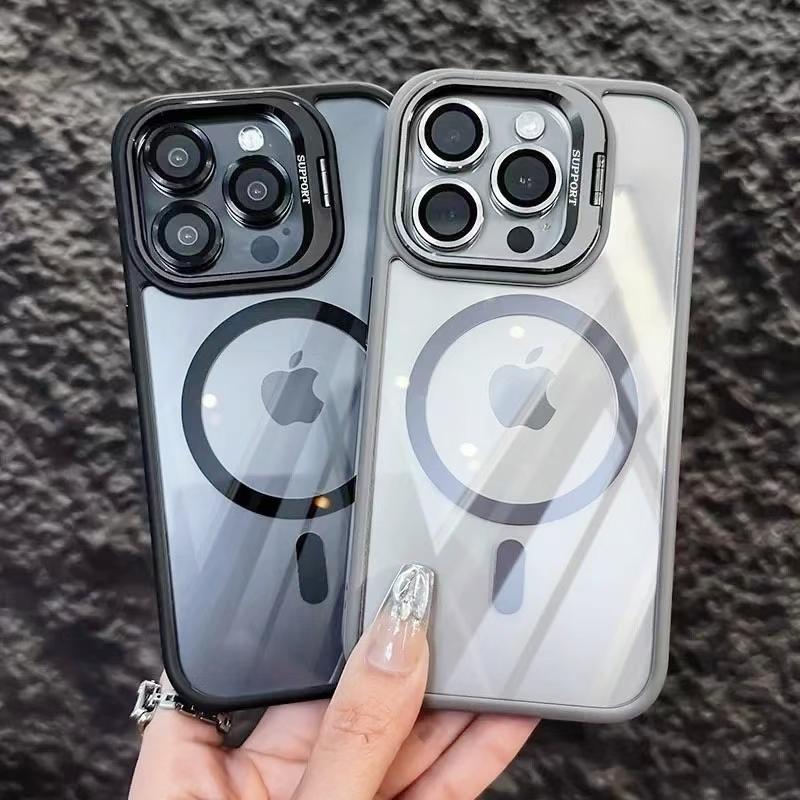 Luxury Magnetic Shockproof Phone Case For iPhone 16 Pro Max 16E 15 14 13 12 11 Plus Pro Funda Stand Glass Lens Protection Cover