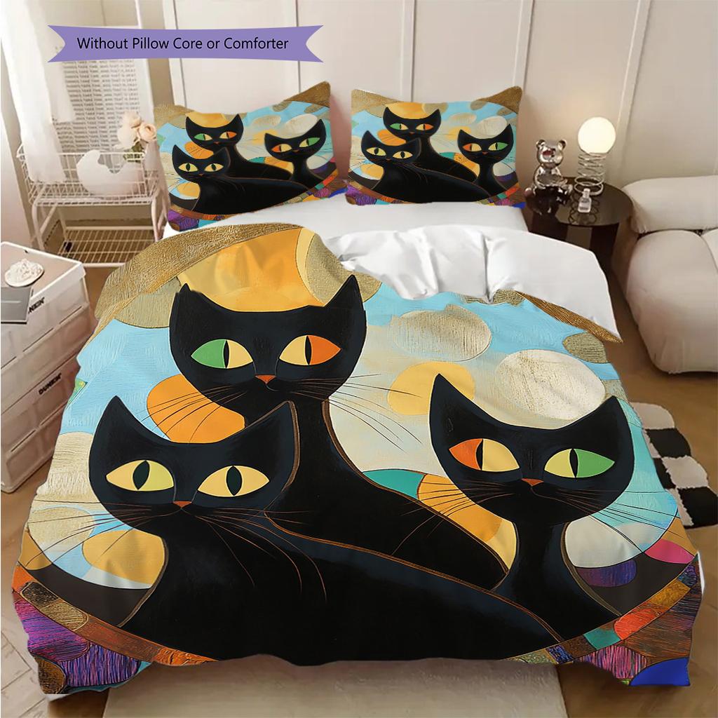 Black Cat Pattern Bedding Quilt Set Quilt Cover Pillowcase Home Decoration Birthday Gift (1 * Duvet Cover + 2 * Pillowcase, Without Core)