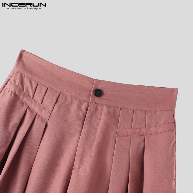 INCERUN Men Ruffled High Waist Trousers Casual Long Wide Legs Pants