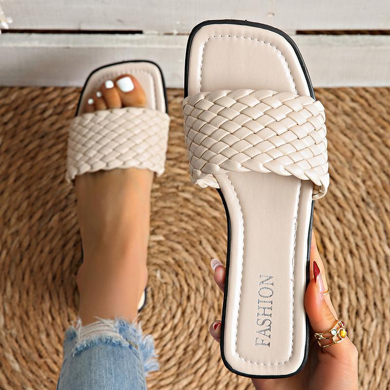 

Fashion Classic Plus Size Woven Slippers for Women Summer Square Toe Low Heel Slides Sandals Woman Outdoor Pu Leather Beach Flip Flops 43 белый