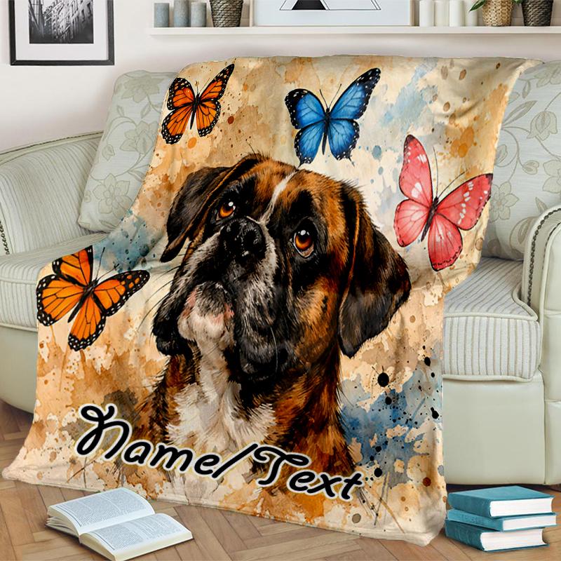 1PC Custom Name Butterfly Boxer Dog Art flannel blanket versatile,all-season throw suitable for the living room,bedroom,camping,travel,and gift