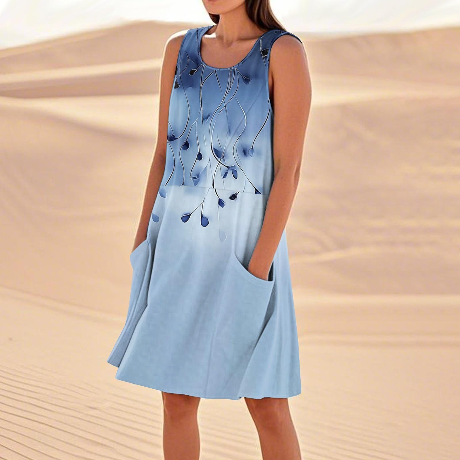 

Платья с принтом для женщин, свободные, пляжные, повседневные, без рукавов, сарафаны с карманами, платье-майка XL