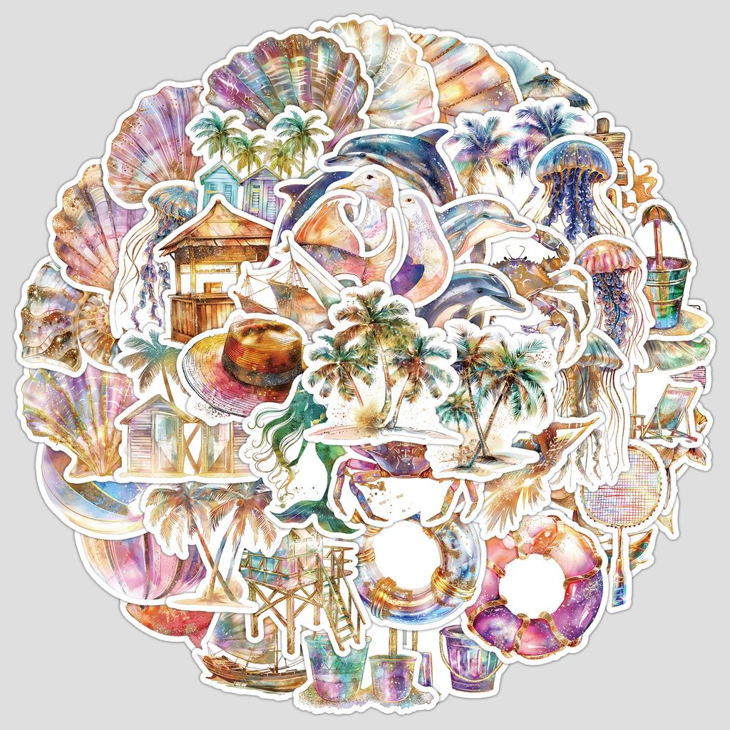 50 Cartoon Beach Series Graffiti Stickers Water Cup Waterproof Decorative Stickers Creative DIY Beach Stickers