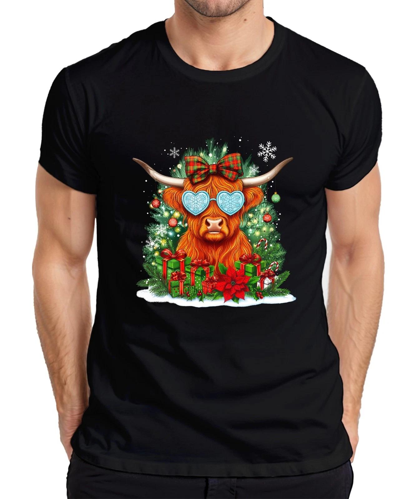 Highland Cow Christmas Heart Sunglasses Bow Funny Retro Mens T-Shirt- L