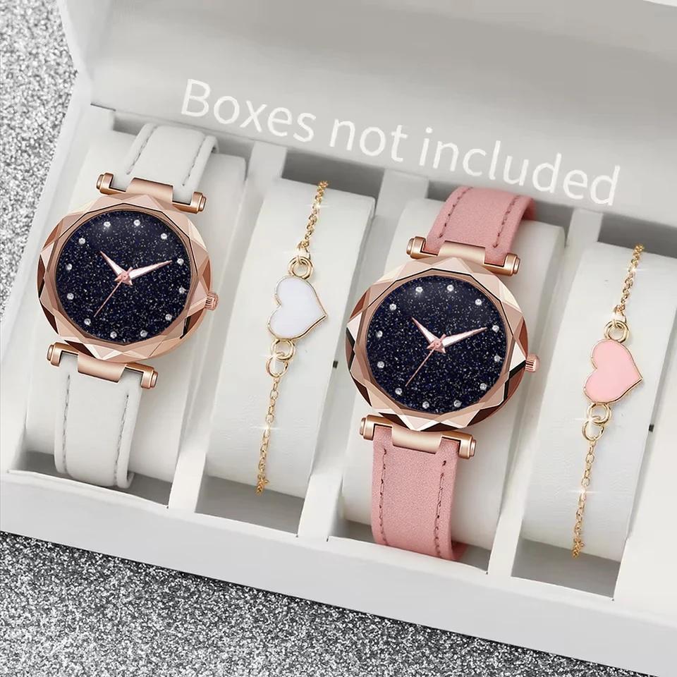 Fashion Light Luxury Trendy Round Dial Leather Strap Women Quartz Watch Bracelet Set for Christmas and Thanksgiving Gifts