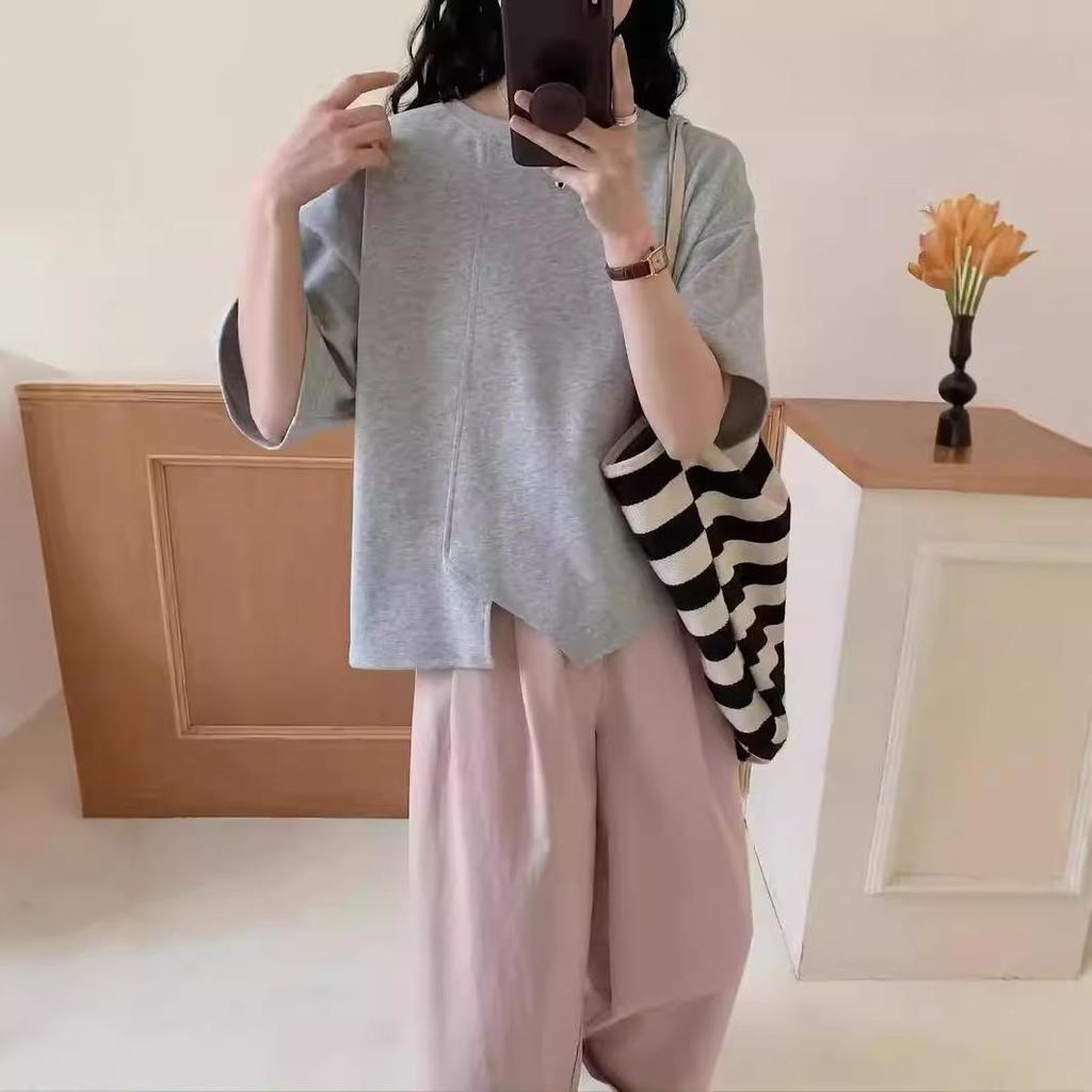 Women's Loose Fit Round Neck Tee with Irregular Slit Design - 2024 Korean Summer Style