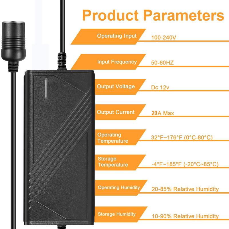 Konwerter AC 110v/220v na DC 12V 20A 240W Gniazdo zapalniczki samochodowej AC/DC Adapter zasilania samochodowego z wentylatorem chłodzącym do Inflatora