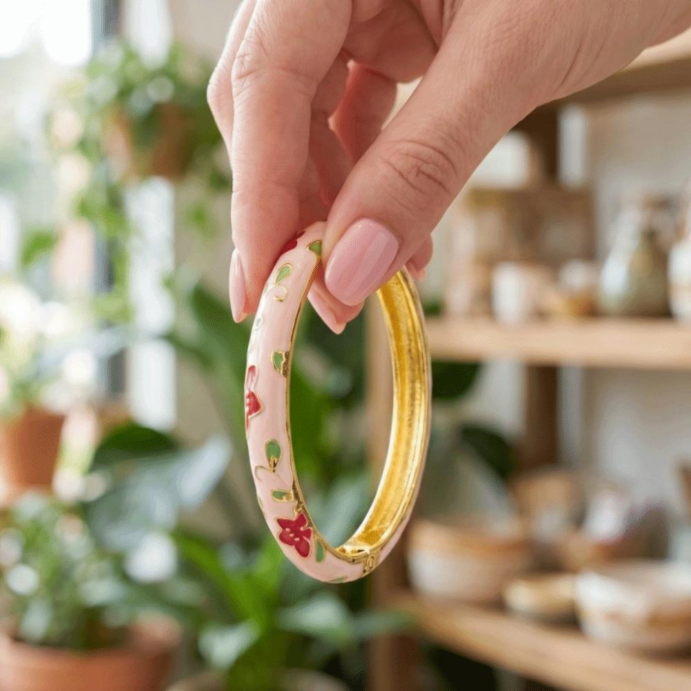 Enamel Floral Chinese Flower Bangle Peony with Leaf Women's Hand Bracelet Girls