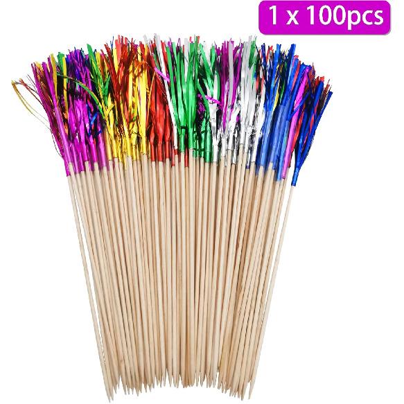 BLUE TOP Cocktail Picks Wood Foil Firework Cake Picks 9 Inch 100 PCS,Cupcake Toppers for Cakes Decoration, Children's Day, Party Suppliers,July