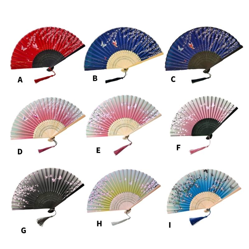 Éventail traditionnel chinois vintage avec pompons Éventail pliant portable Éventail de danse pour femmes Mariages Bals de fin d'études Photographie